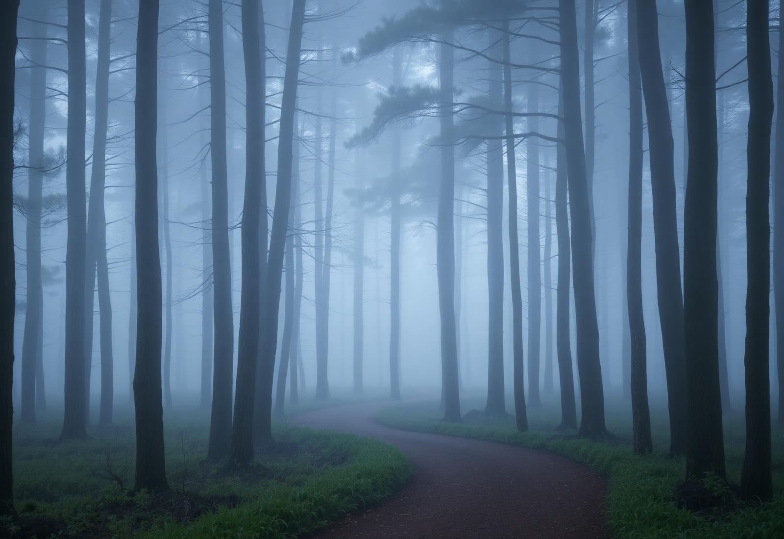 A quiet path winding through misty tall pines