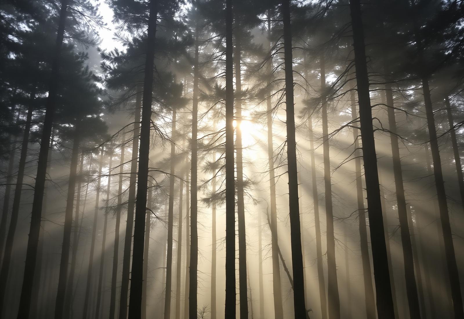 Soft morning light filtering through misty pines